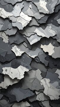 Close-up of overlapping, jagged-edged shapes, creating a textured pattern. Shades of gray and white. Abstract and geometric