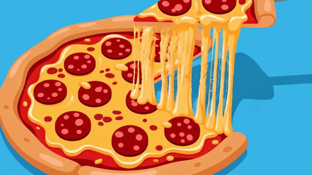 Cartoon illustration of a hot pepperoni pizza with salami and melted mozzarella cheese isolated on a white background for an Italian restaurant pizzeria menu