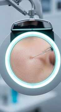 Close up of a medical needle injecting a small drop of liquid into human facial skin viewed through a circular magnifying lamp with a bright white l e d ring light in a clinical setting