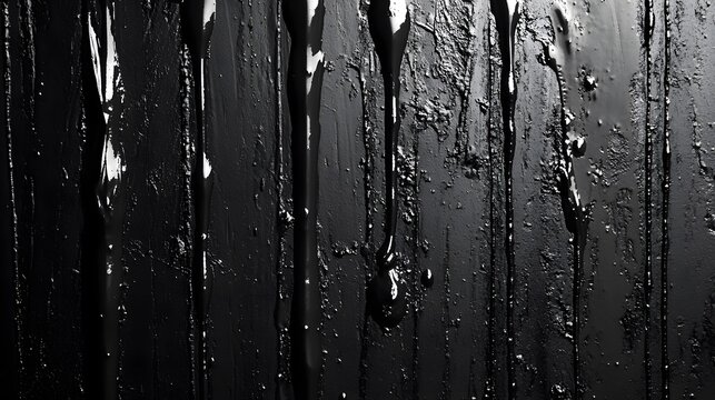 Thick dark liquid flows down a textured black surface.