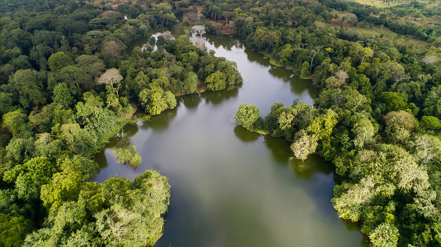 Aerial View of river, Beautiful Aerial View of  like African Jungles forest and River, Landscape in aerial drone shot. Adove calm tranquil river like Africa, River and green forest trees. river forest