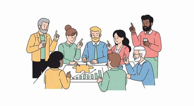 Business team collaboration flat illustration discussing strategy and data analysis concept