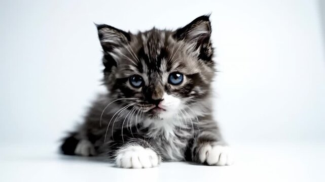 This features a close-up shot of a kitten lying on a white surface and looking up at the camera with big blue eyes. The kitten has a fluffy grey and black striped coat with white paws and a white