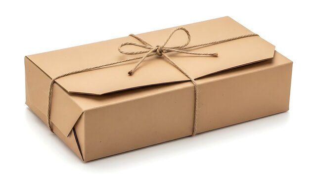 A brown cardboard box wrapped with twine on a white background