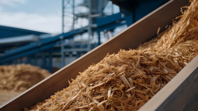 Agricultural biomass conveyor feeding dried corn stalks into industrial processing facility, renewable fuel production equipment converting organic waste into sustainable energy source, ideal for