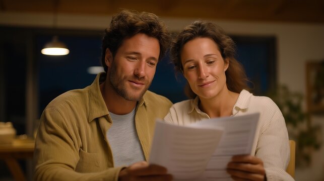 Couple reviewing energy audit report at modest dining table, thermal imaging printouts revealing home heat loss areas requiring weatherization improvements and efficiency investments, perfect for