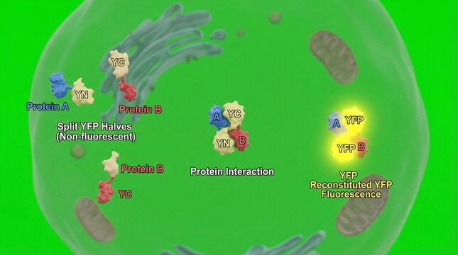 A scientific illustration of protein interaction and fluorescence in a cell