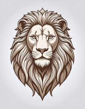 Illustration of a majestic lion's head facing forward, with detailed fur and a calm expression. Rendered with shading and intricate line work