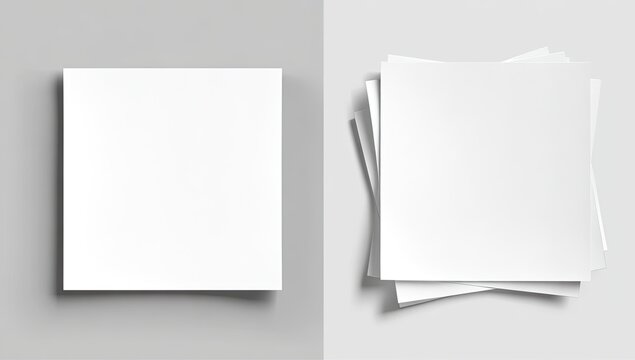 Stacked and single white square papers on gray background