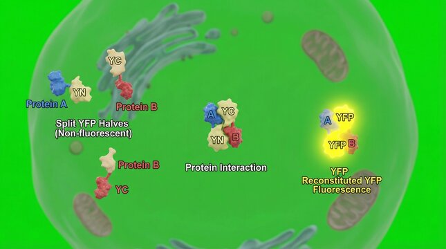 A scientific illustration of protein interaction and reconstituted YFP fluorescence within a cell