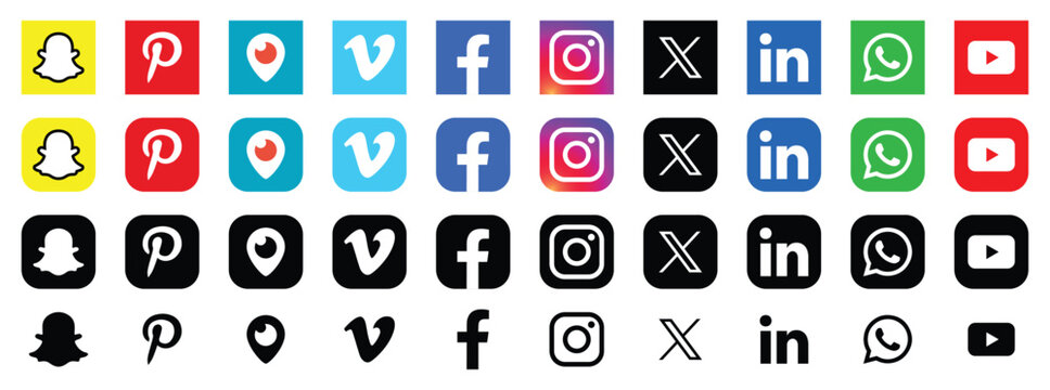 Facebook, twitter, instagram, youtube, snapchat, pinterest, whatsap, linkedin, periscope, vimeo - Collection of popular social media logo. Social media icons. Realistic set. Vector eps file.