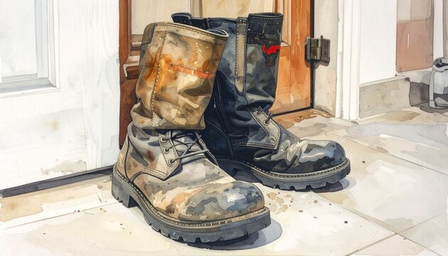 Station Boots: A pair of heavy, soot-stained fire boots standing by the door, soft focus background.