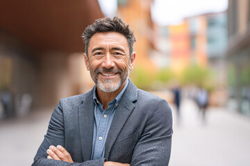 Obraz premium A confident middle-aged man smiling outdoors in an urban setting, dressed in a blazer and shirt, with blurred city buildings in the background.