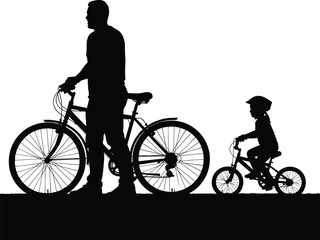 Fototapeta premium Father Teaching Child to Ride Bicycle Silhouette – Parenting, Family Bonding, Cycling and Outdoor Lifestyle Vector Illustration