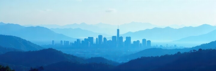 Fototapeta premium A serene city skyline silhouette set against misty mountains in calming blue tones, creating a peaceful and dreamy atmosphere , urban, calm