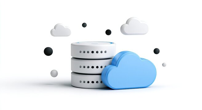 Stacked abstract discs connected to a blue cloud, with floating spheres