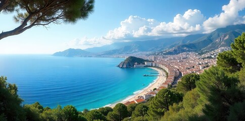 Fototapeta premium A stunning panoramic view of a picturesque cityscape along the French Riviera, showcasing the beauty of the coastline and architecture , tourism, sightseeing