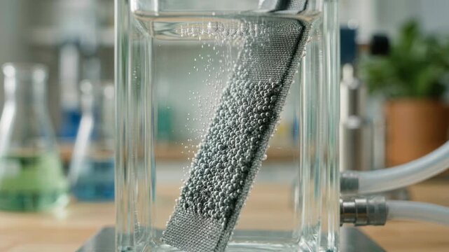 Clean energy chemistry green chemistry catalyst electrode immersed bubbling water releasing hydrogen bubbles during laboratory electrochemical glass