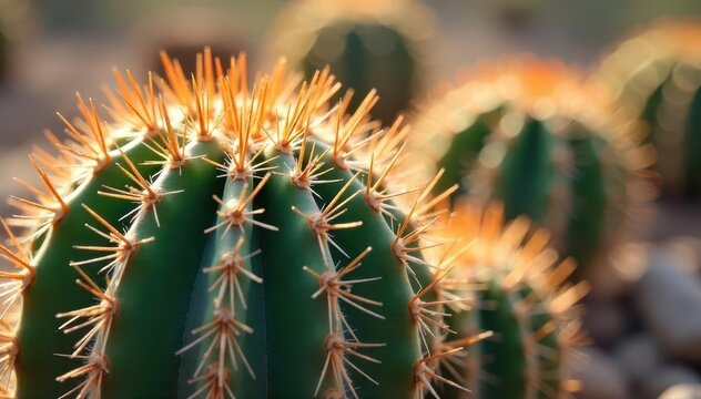 An up-close image capturing the sharp patterns of cactus thorns, creating a rugged and natural atmosphere in the desert landscape , sharp, landscape