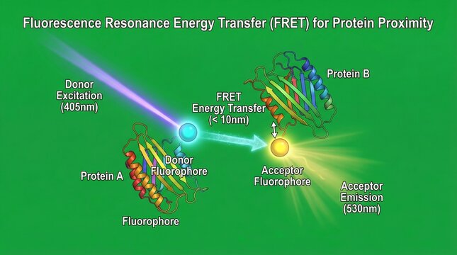 A scientific illustration of Fluorescence Resonance Energy Transfer (FRET) for protein proximity