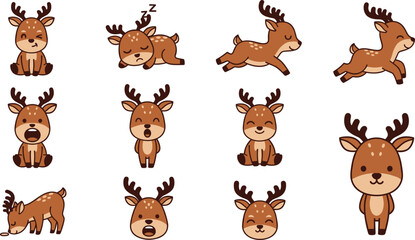 Fototapeta premium Cute Deer Cartoon Character Set with Different Poses and Expressions, Adorable Forest Animal Vector Illustration Collection for Kids Design, Mascot, and Storytelling Projects.