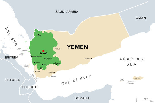 Houthi controlled Yemen, political map. Green highlighted the territory controlled by Houthis as of January 2026, maintaining a de facto governance over portions of northern and western Yemen. Vector