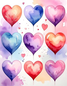 Nine watercolor hearts of varied colors arranged on a white background with a soft, diffused appearance. Soft pink splashes surround