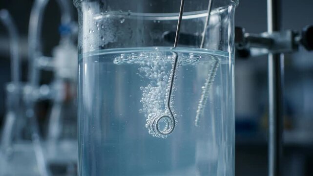 Clean energy chemistry green chemistry lab beaker electrode bubbling dissolving gas bubbles clear solution stirring probe research apparatus cool
