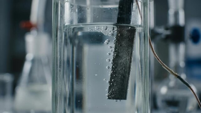 Clean green chemistry energy electrode producing hydrogen bubbles electrolysis laboratory beaker cell water experiment apparatus demonstrating