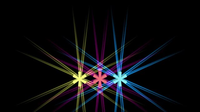 Three vibrant asterisk symbols emitting bright colorful laser beams across a dark black background visual effect