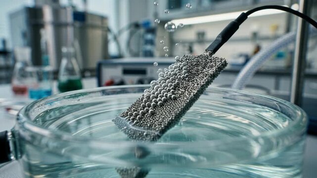 Electrodes hydrogen water bubbles laboratory clean energy chemistry green metal beaker experiment electrode releasing hydrogen bubbles laboratory