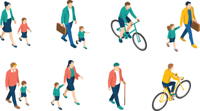 Isometric people walking cycling and family characters set flat vector illustration for web use