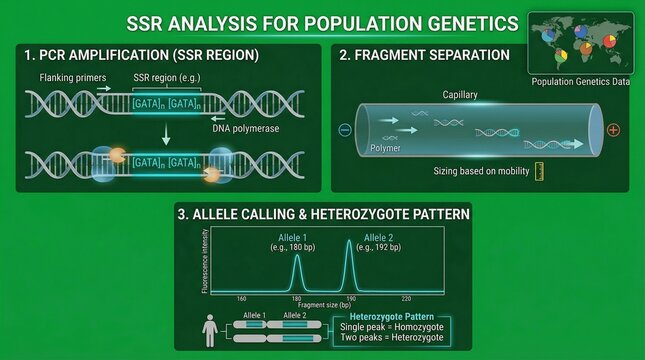 A scientific illustration of SSR analysis for population genetics with PCR amplification, fragment separation, and allele calling.