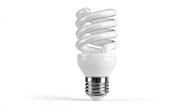 A white, spiral-shaped energy-saving light bulb with a metallic base