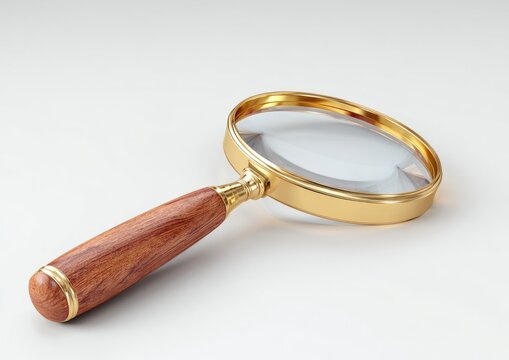 Magnifying glass with polished wooden handle and gold rim, on white background