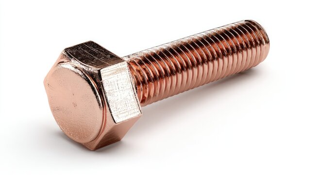 Metallic hex-head bolt with threaded shaft, showcasing a polished copper finish