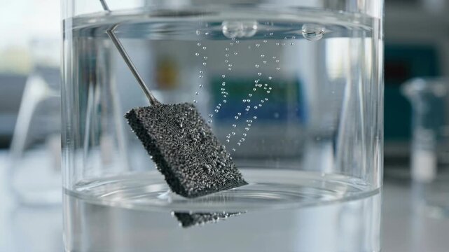 Porous metal electrode producing bubbles in water. green chemistry clean energy laboratory research on catalyst and reaction