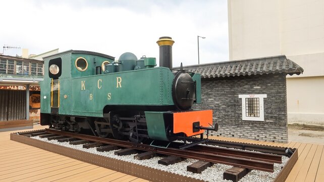 Chung Ying Street Garden, Sha Tau Kok, New Territories, Hong Kong- 6 Apr 2026: life-style Sha Tau Kok Branch locomotive model and a fake station ticket office