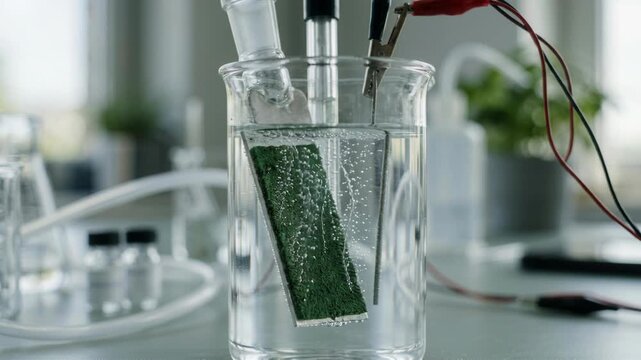 Green energy chemistry clean electrode immersed in water and beaker soaking porous electrode producing bubbles for sustainable power research