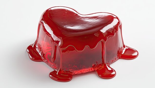 Heart-shaped red jelly dessert with drips, studio lighting, on white