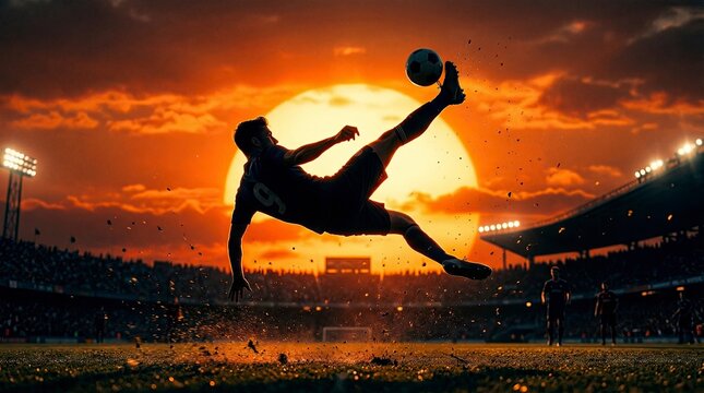 Soccer player kicking ball in mid air during sunset game