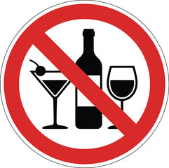 Verbotsschild Alkohol verboten, Alkoholverbot Zeichen rundes rotes Verbotssymbol für Sicherheits- und Warnhinweise isoliert auf weißem Hintergrund.