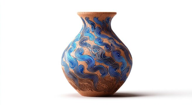 Terracotta vase with swirling blue glaze pattern on white background