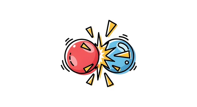 Vibrant vector art depicting the collision of two atoms or subatomic particles, symbolizing nuclear physics, energy, and scientific reactions.