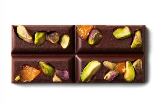 Rich dark chocolate bar studded with vibrant pistachios and dried fruit pieces