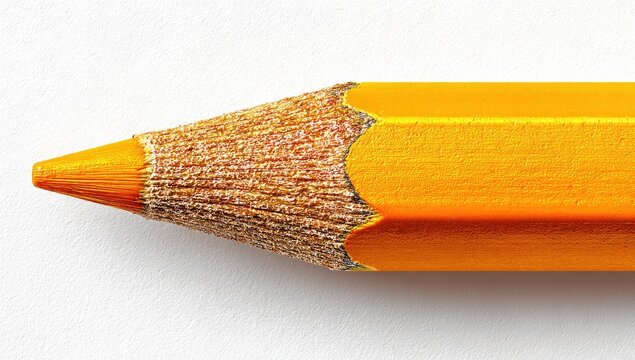 Extreme close-up of a sharpened orange drawing pencil tip and wood grain