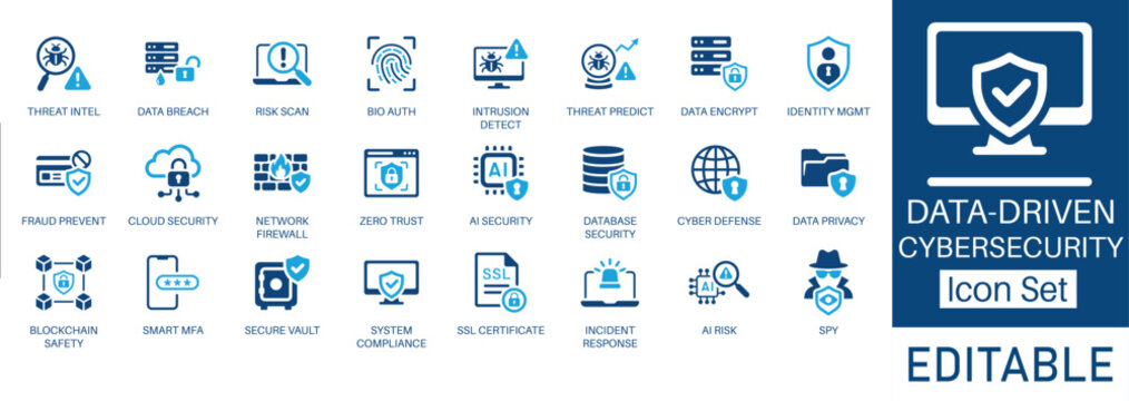 Data driven cybersecurity and Data Protection solid icon set. Featuring cloud security, network firewall, data encryption, and fraud prevention. Vector icons for IT security and computer safety.