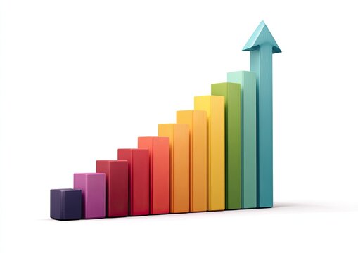 A colorful bar chart with an upward-trending arrow indicating growth