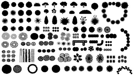 Fototapeta premium Vector garden design set with tree and shrub silhouettes, architectural planting plan elements, botanical symbols for detailed landscape layouts and projects.