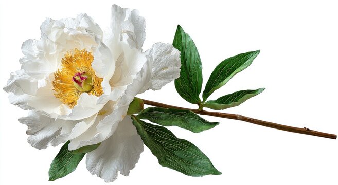 A delicate white peony bloom with yellow and pink accents on a stem